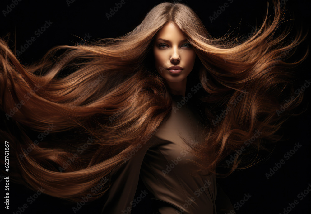 Obraz premium Young woman with long hair being blown by the wind on a black background. Generative AI.