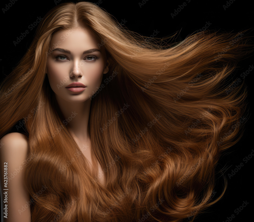 Young woman with long hair being blown by the wind on a black background. Generative AI. Young woman with long hair being blown by the wind on a black background. Generative AI.