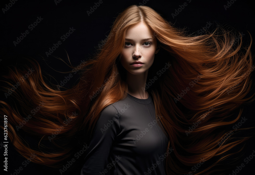 Young woman with long hair being blown by the wind on a black background. Generative AI. Young woman with long hair being blown by the wind on a black background. Generative AI.