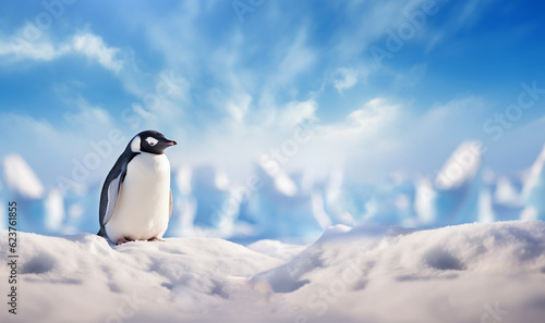 Super cute penguin on winter landscape, snowy winter wonderland, Emperor Penguin with copy space