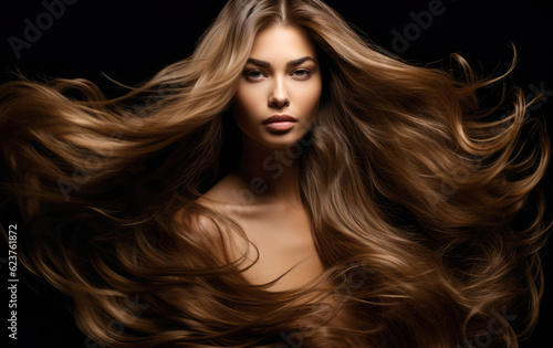 Young woman with long hair being blown by the wind on a black background. Generative AI.