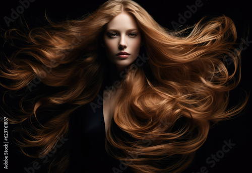 Young woman with long hair being blown by the wind on a black background. Generative AI. © JuanM