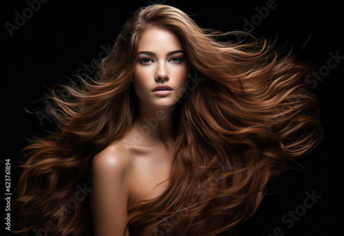 Young woman with long hair being blown by the wind on a black background. Generative AI. © JuanM