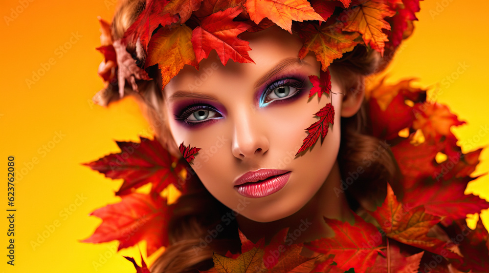 Fototapeta premium Woman Portrait with autum leaves outfits in natural vivid autumn colors. ai generative