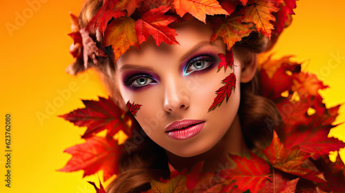 Woman Portrait with autum leaves outfits in natural vivid autumn colors. ai generative © ZoomTeam