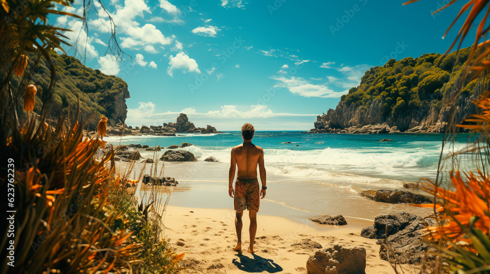 The guy stands on a beautiful beach and peers into the distance. View from the back.