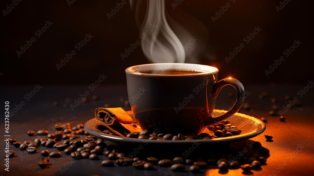 A cup of hot coffee with coffee bean A cup of hot coffee with coffee bean