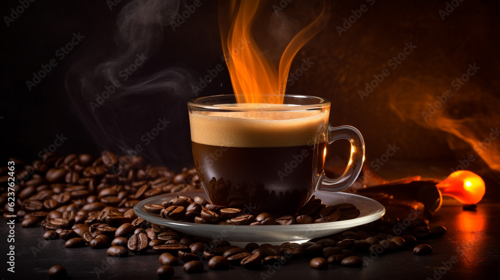 A cup of hot coffee with coffee bean A cup of hot coffee with coffee bean