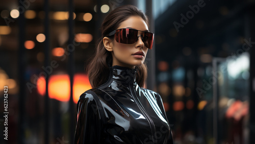 Fashion Frau Gesicht mit 3d Brille Virtuell VR Brille für Meta World Nahaufnahme, ai generativ