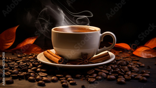 A cup of hot coffee with coffee bean