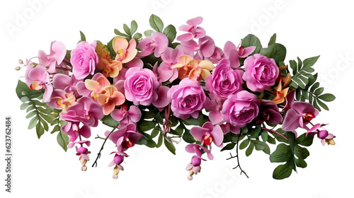 Fotografia Pink rose and tropical orchid flowers with green leaves floral arrangement nature wedding backdrop