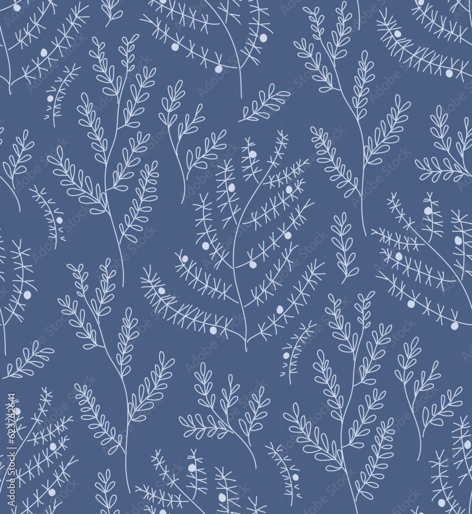 Blue and white seamless herbal pattern of isolated plant silhouettes. Cyanotype-style botanical surface design for textiles and decoration. Blue and white seamless herbal pattern of isolated plant silhouettes. Cyanotype-style botanical surface design for textiles and decoration.