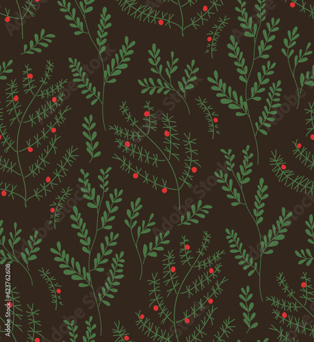 Dark botanical repeat pattern of green forest plants with red berries on brown background. Cozy Christmas surface design for textiles and holiday decoration.