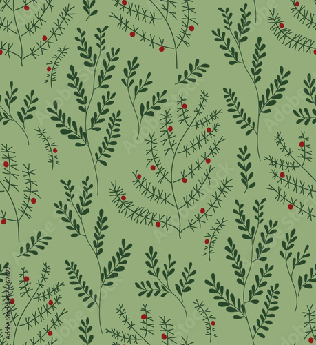 Green repeat herbal pattern of hand drawn twig and branch silhouettes. Delicate botanical surface design.