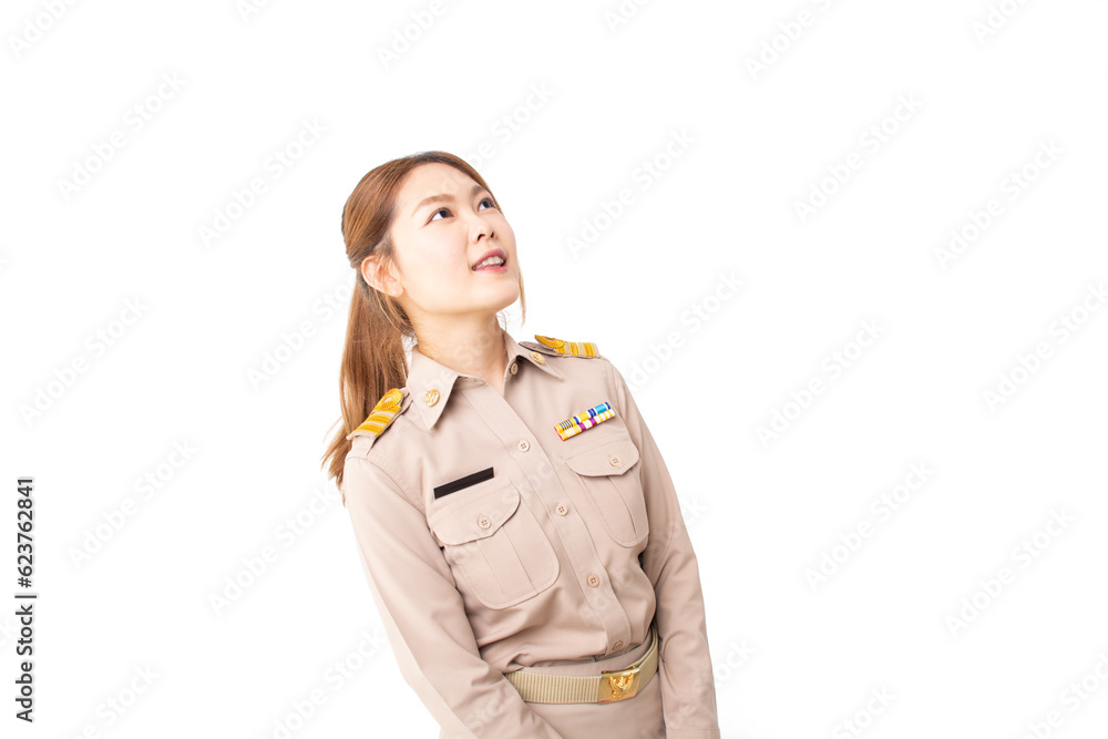 Female Thai government officer in khaki uniforms looking above on isolated white background. advertising, product, sale promotion, presentation, satisfied, dreaming, planning, idea, thinking concept Female Thai government officer in khaki uniforms looking above on isolated white background. advertising, product, sale promotion, presentation, satisfied, dreaming, planning, idea, thinking concept