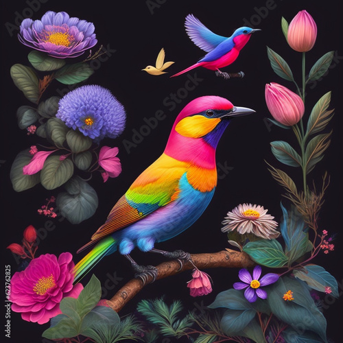 3D Beautiful colorful birds and flowers on pale black paper concept art illustrations. © Ranakumar