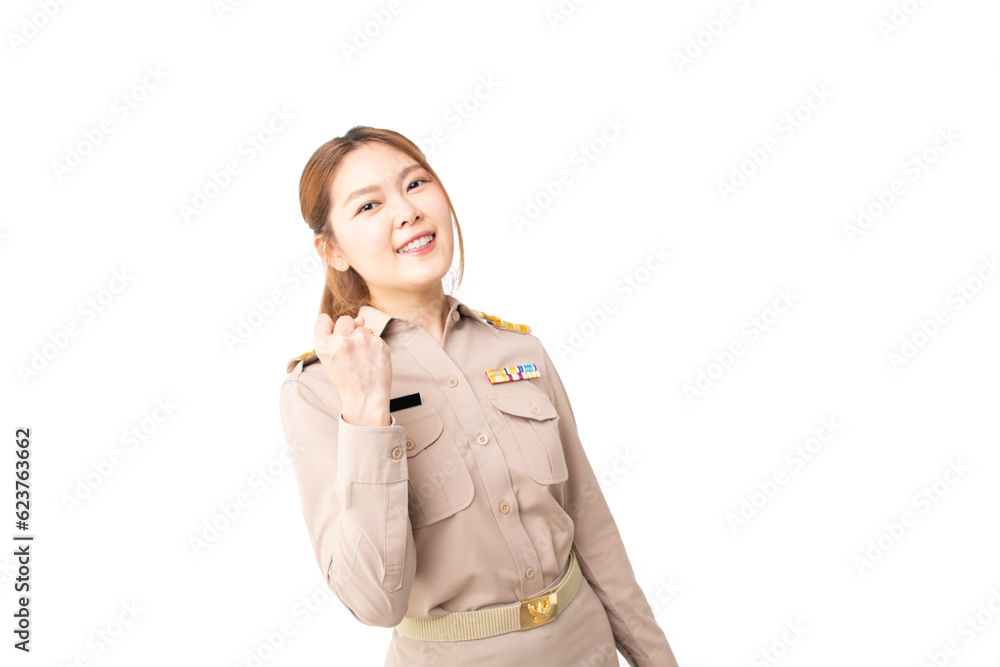 Female Thai government officer in khaki uniforms smiling. Beautiful woman doing winner gesture with arm raised isolated over white background. Concept of success in work, welfare, credit approval. Female Thai government officer in khaki uniforms smiling. Beautiful woman doing winner gesture with arm raised isolated over white background. Concept of success in work, welfare, credit approval.