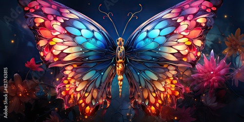 AI Generated. AI Generative. Beautiful nature wild cute butterfly witn plant flowers decoration. Background art graphic beauty. Graphic Art