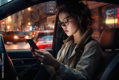 A serious young woman sends messages via a smartphone while driving a car. Dangerous driving while chatting online. © Stavros