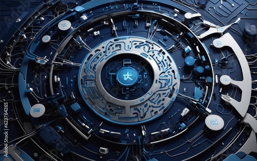 a close up of a clock inside of a building, digital art , trending on zbrush central, digital art, blue circular hologram, blueshift render, blue realistic 3 d render, generated ai