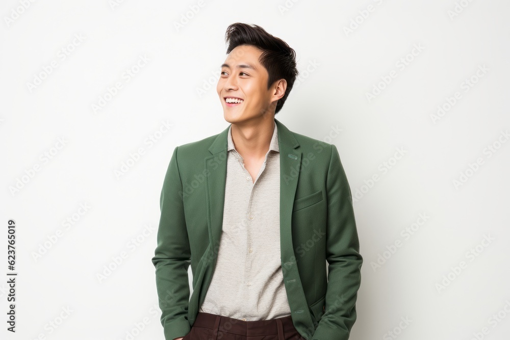 Young asian man on isolated white background laughing looking to the side Young asian man on isolated white background laughing looking to the side