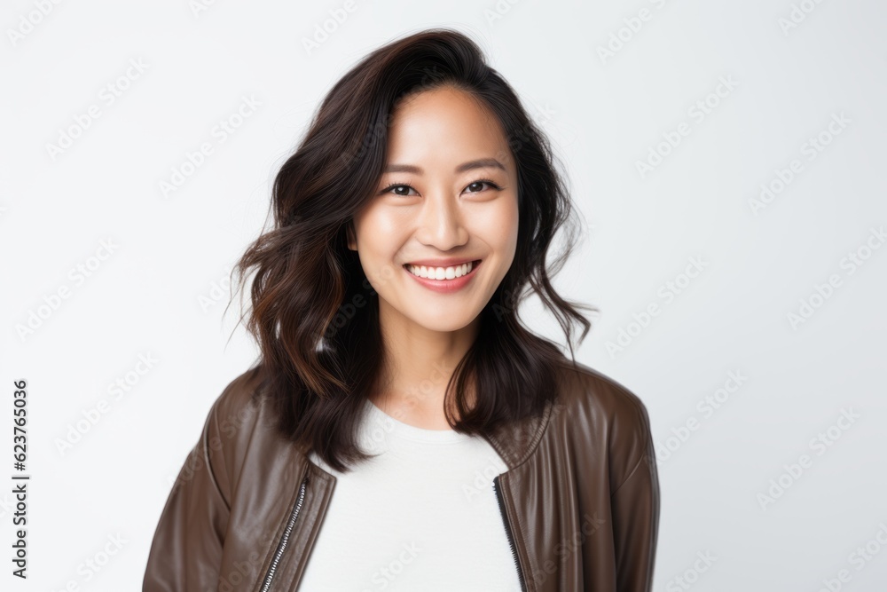 Portrait of a beautiful asian woman smiling at camera over white background Portrait of a beautiful asian woman smiling at camera over white background