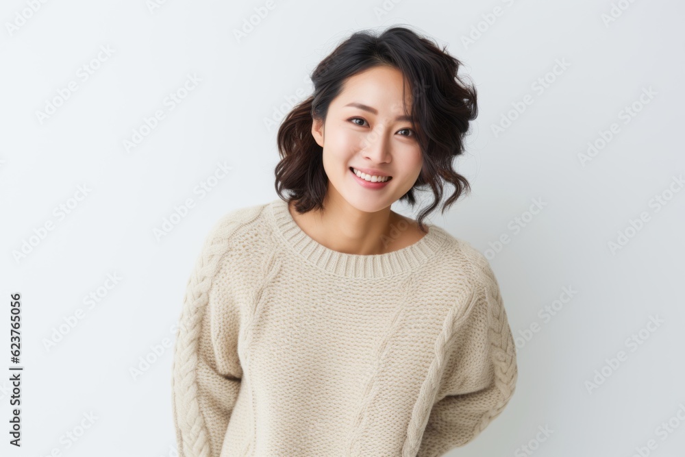 Portrait of a beautiful young asian woman smiling on white background