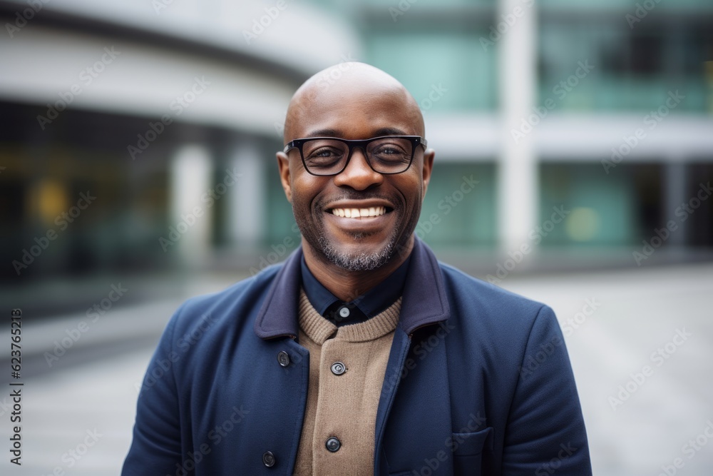 Portrait of smiling african american businessman in eyeglasses outdoors