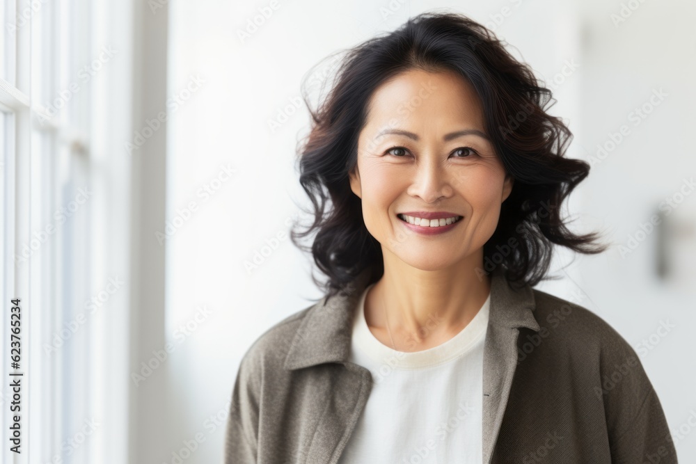 smiling middle aged asian woman looking at camera in living room smiling middle aged asian woman looking at camera in living room