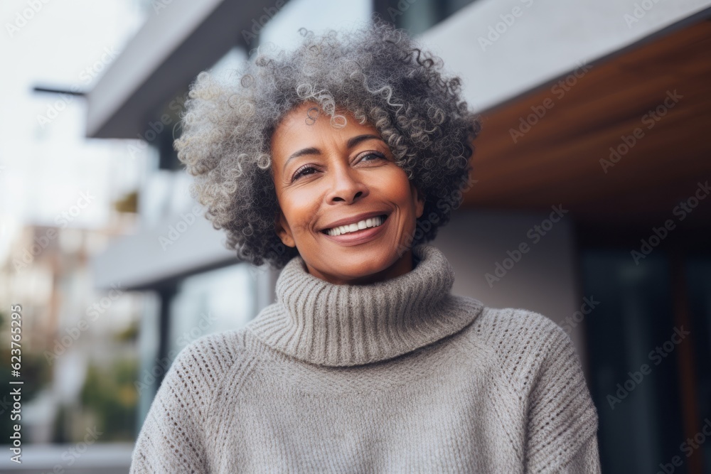 Medium shot portrait photography of a tender Nigerian black woman in her 50s wearing a cozy sweater against a modern architectural background Medium shot portrait photography of a tender Nigerian black woman in her 50s wearing a cozy sweater against a modern architectural background