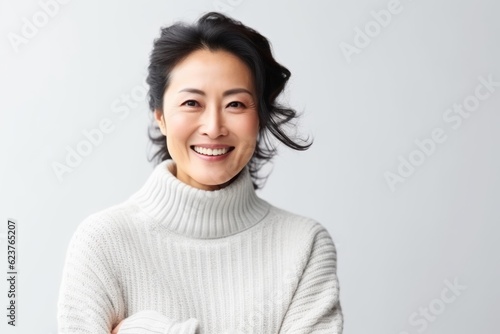 Portrait of a smiling asian woman in sweater on white background
