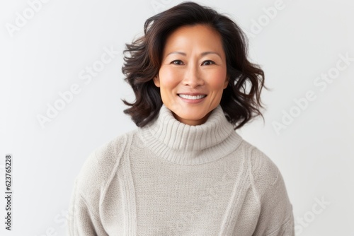 Portrait of a smiling middle-aged Asian woman in sweater against white background