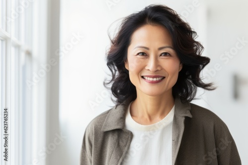 smiling middle aged asian woman looking at camera in living room