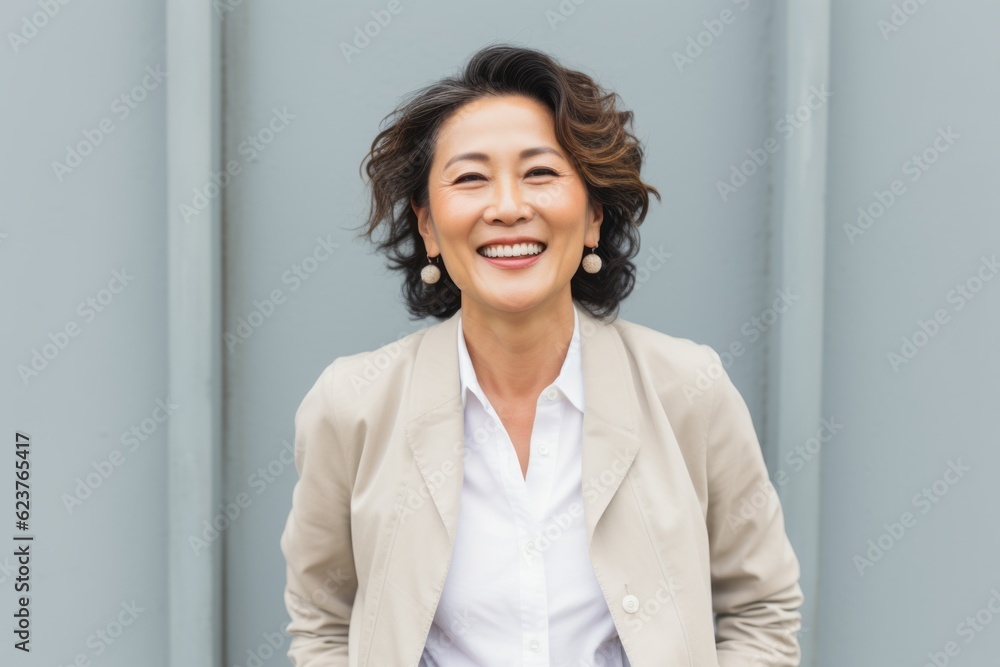 Portrait photography of a pleased Chinese woman in her 50s wearing a classic blazer against a white background Portrait photography of a pleased Chinese woman in her 50s wearing a classic blazer against a white background