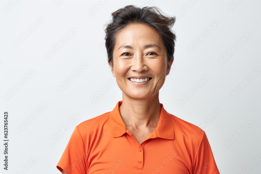 Portrait photography of a pleased Chinese woman in her 50s wearing a sporty polo shirt against a white background Portrait photography of a pleased Chinese woman in her 50s wearing a sporty polo shirt against a white background