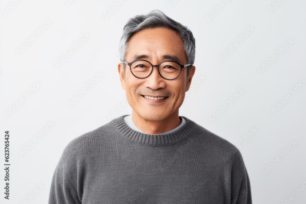 Portrait of a happy asian man in grey sweater and eyeglasses