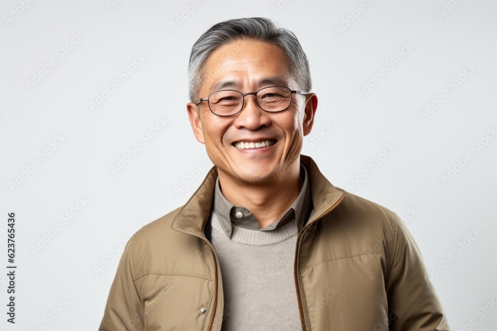 Portrait of happy Asian senior man in brown jacket and eyeglasses