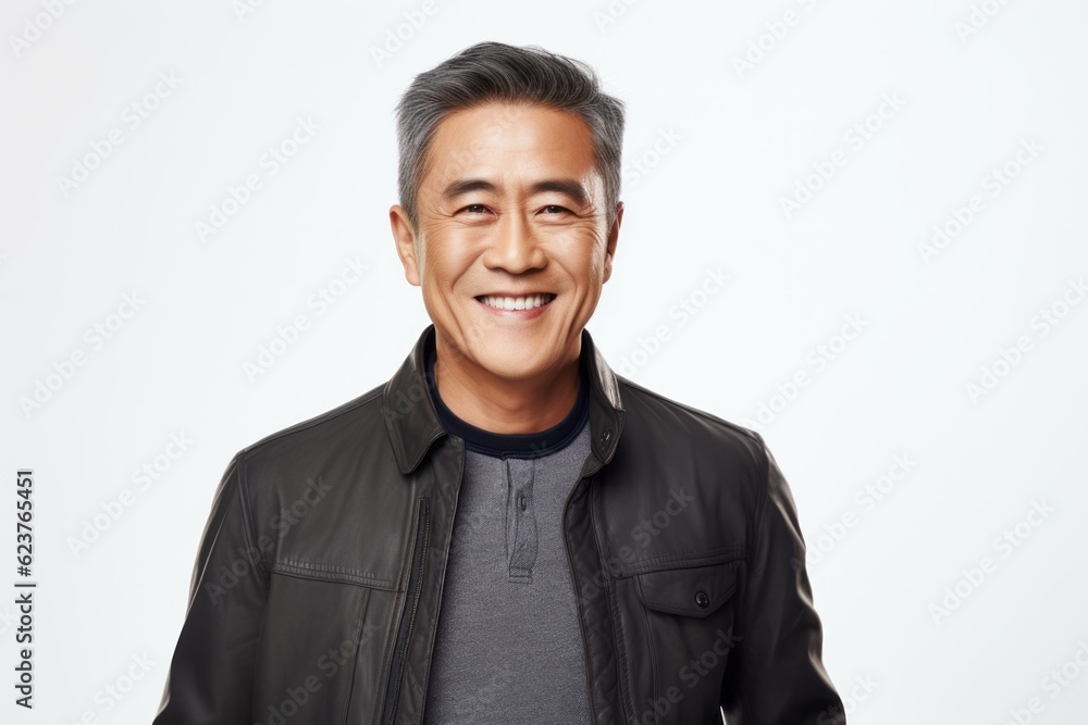 Portrait of a smiling middle-aged asian man in leather jacket Portrait of a smiling middle-aged asian man in leather jacket