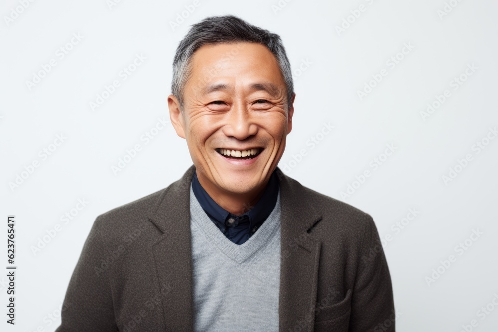 Portrait of a happy mature asian man laughing over white background Portrait of a happy mature asian man laughing over white background