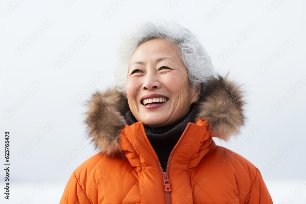 Portrait photography of a pleased Chinese woman in her 60s wearing a warm parka against a white background Portrait photography of a pleased Chinese woman in her 60s wearing a warm parka against a white background