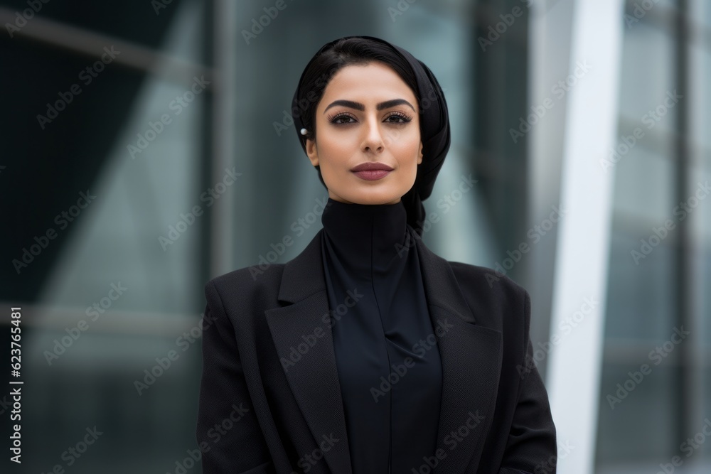 Medium shot portrait photography of a serious Saudi Arabian woman in her 30s wearing a chic cardigan against a modern architectural background Medium shot portrait photography of a serious Saudi Arabian woman in her 30s wearing a chic cardigan against a modern architectural background
