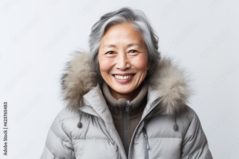 Portrait of smiling senior asian woman in winter jacket on white background Portrait of smiling senior asian woman in winter jacket on white background