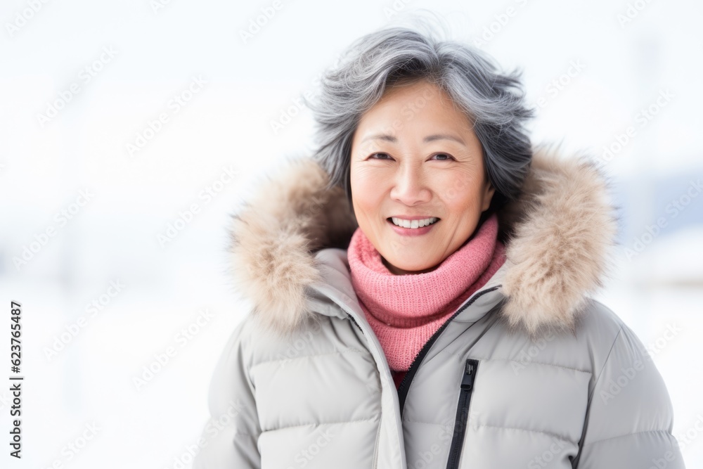 Smiling asian senior woman in winter jacket and pink scarf. Smiling asian senior woman in winter jacket and pink scarf.