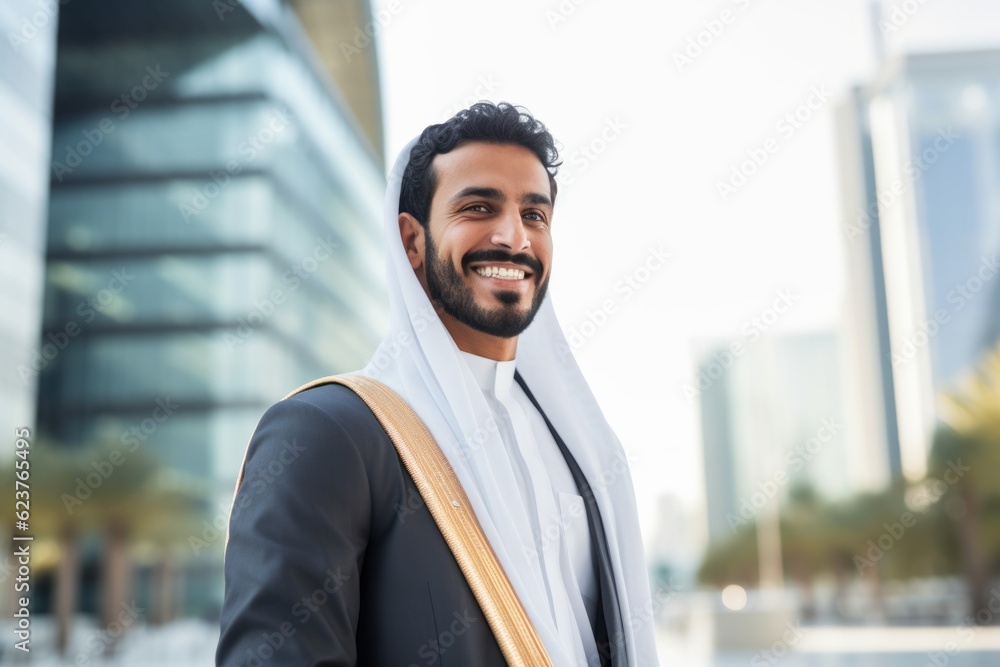 Naklejka premium Medium shot portrait photography of a satisfied Saudi Arabian man in his 30s wearing a chic cardigan against a modern architectural background 