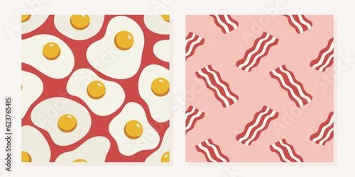 Set of scrambled eggs and bacon patterns in flat cartoon style. Breakfast food pattern for paper, menu, textile, kitchen.