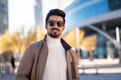 Portrait photography of a satisfied Saudi Arabian man in his 20s wearing a chic cardigan against a modern architectural background  © Anne Schaum