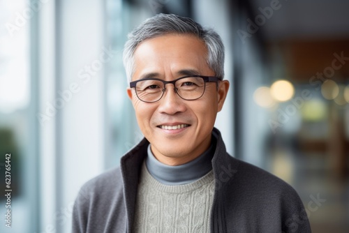 Portrait of happy mature Asian man in eyeglasses at office photo