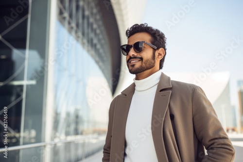 Portrait photography of a satisfied Saudi Arabian man in his 20s wearing a chic cardigan against a modern architectural background 