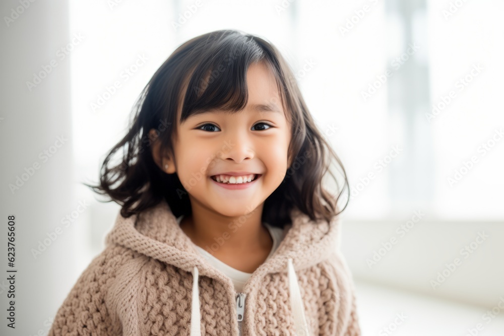 smiling asian little girl in sweater looking at camera at home smiling asian little girl in sweater looking at camera at home