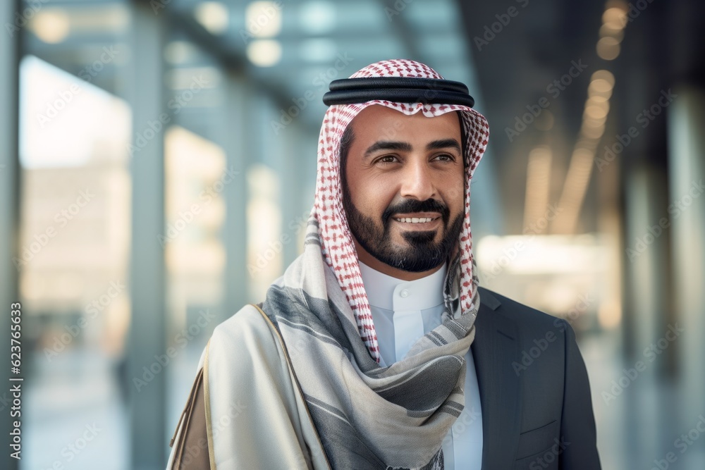 Portrait photography of a cheerful Saudi Arabian man in his 40s wearing a foulard against a modern architectural background Portrait photography of a cheerful Saudi Arabian man in his 40s wearing a foulard against a modern architectural background